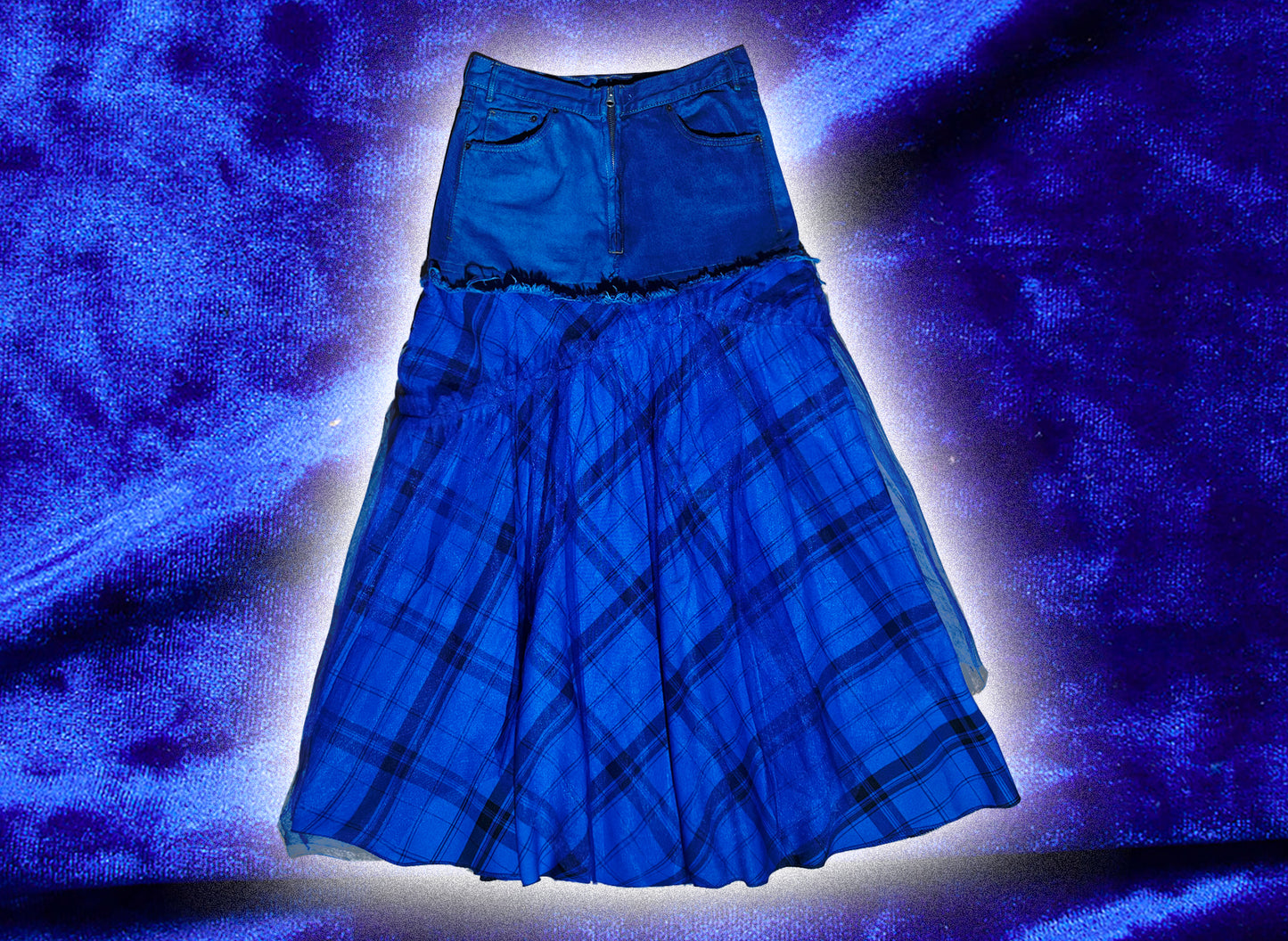 BLUE PLAID DECONSTRUCTED SKIRT WITH MESH